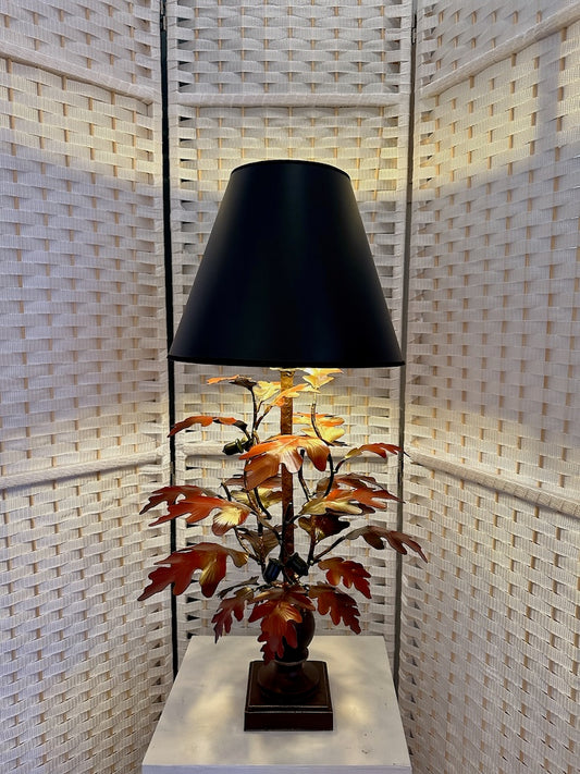 RED GINKGO HAND FORGED METAL LAMP WITH BLACK SHADE