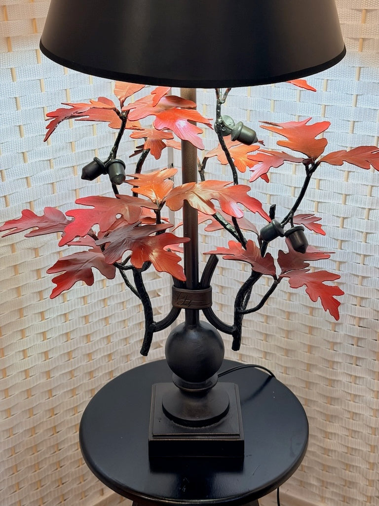 RED OAK WITH ACORNS HAND FORGED METAL LAMP