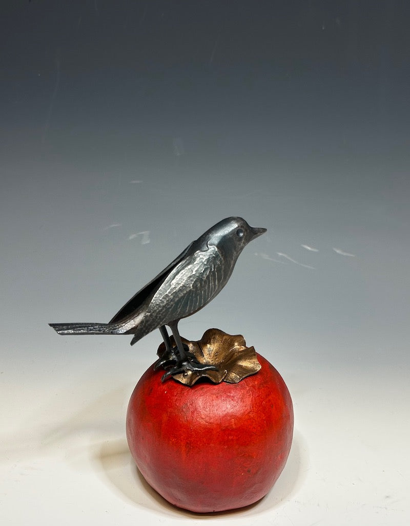 Red Persimmon and Wren" Hand Forged Metal Sculpture