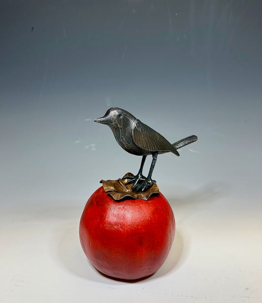 Red Persimmon and Wren" Hand Forged Metal Sculpture