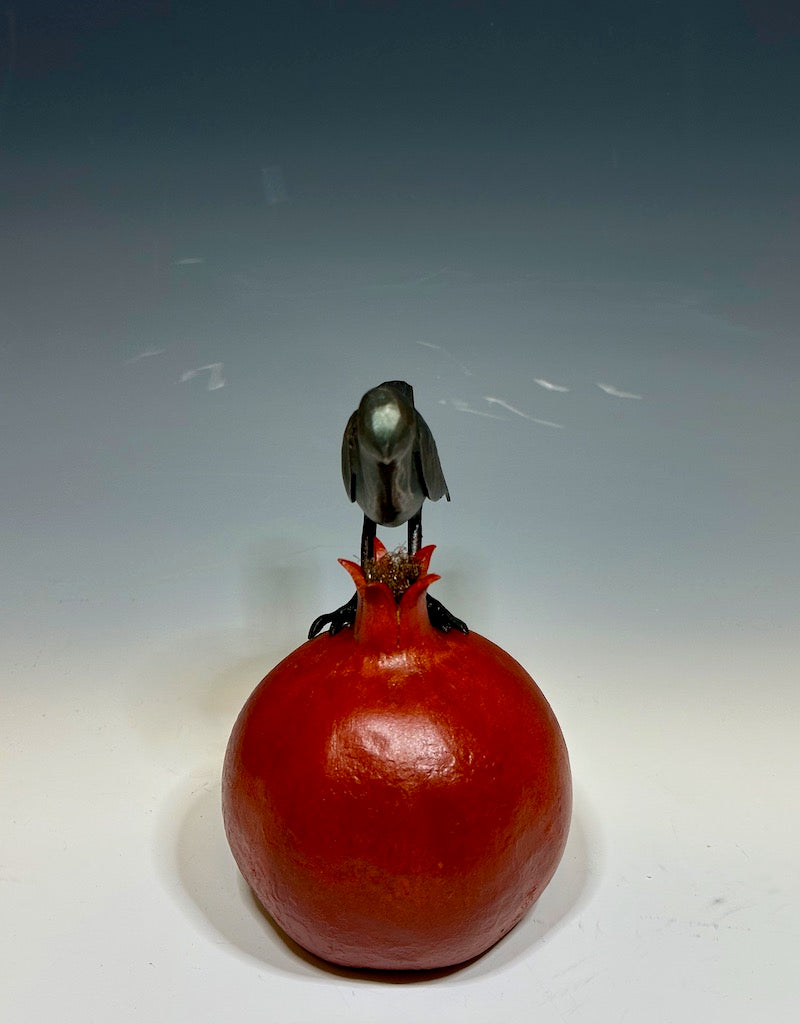 "Red Pomegranate and Wren" Hand Forged Metal Sculpture