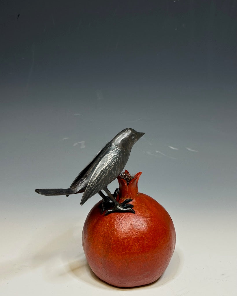 "Red Pomegranate and Wren" Hand Forged Metal Sculpture