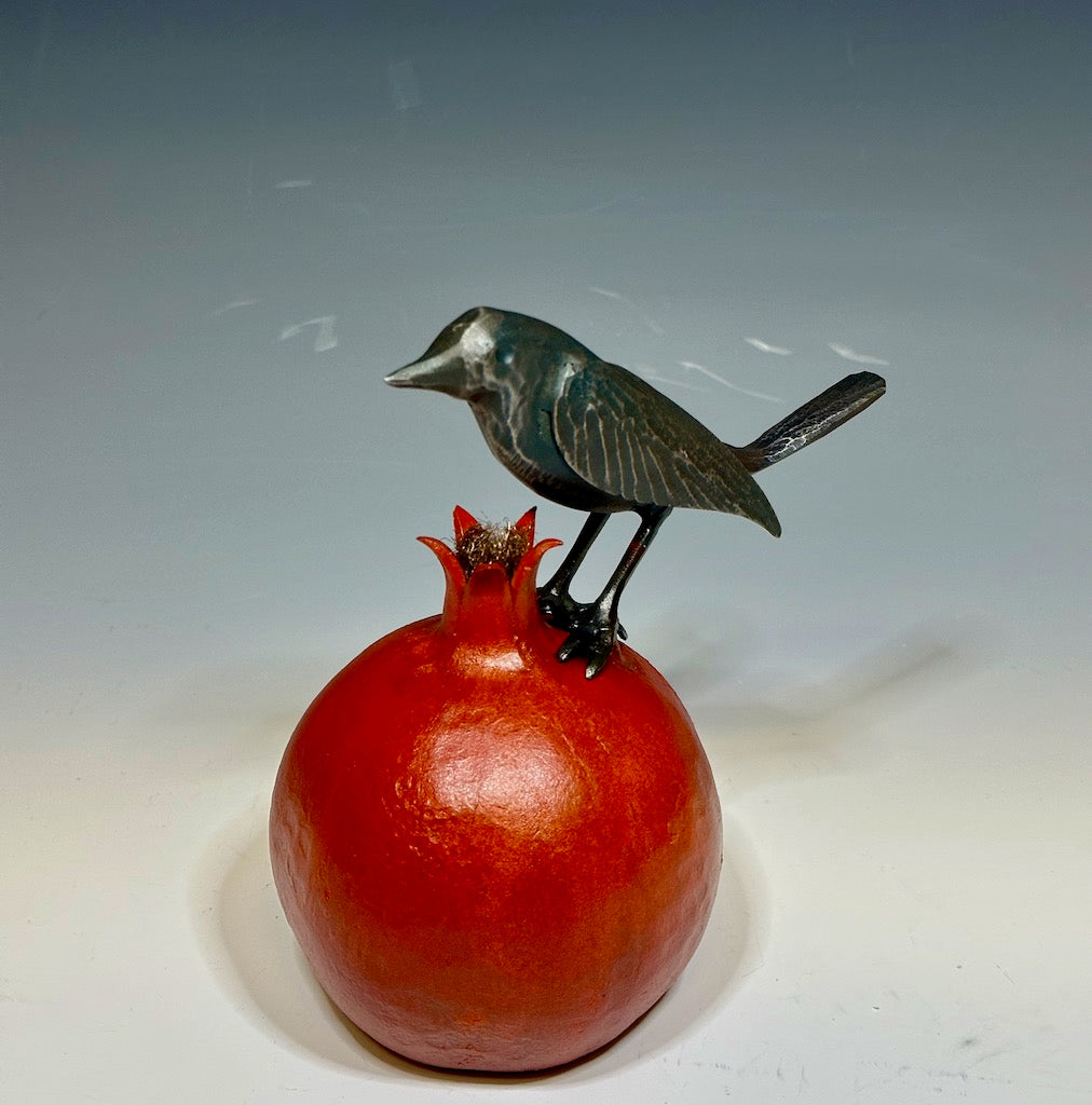 "Red Pomegranate and Wren" Hand Forged Metal Sculpture