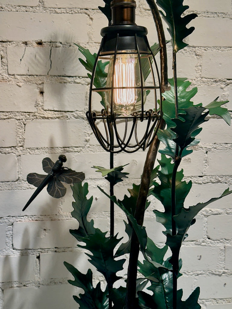 RED THISTLE FIELD STUDY LAMP WITH DRAGON FLY AND OPEN CAGE SHADE