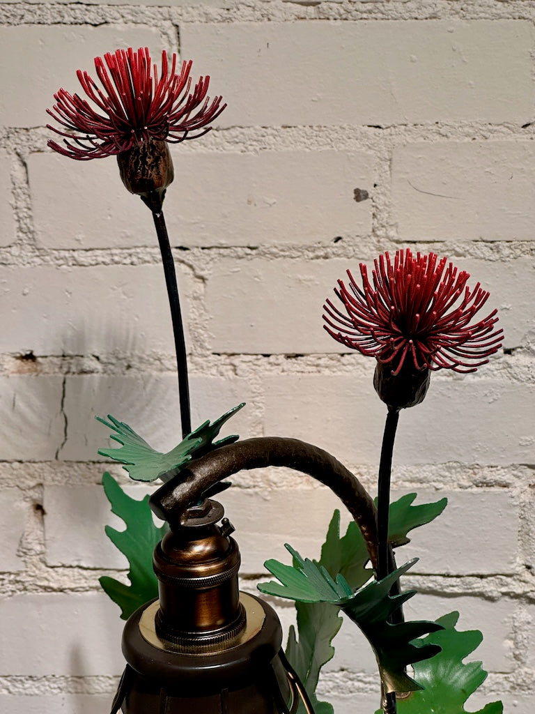 RED THISTLE FIELD STUDY LAMP WITH DRAGON FLY AND OPEN CAGE SHADE