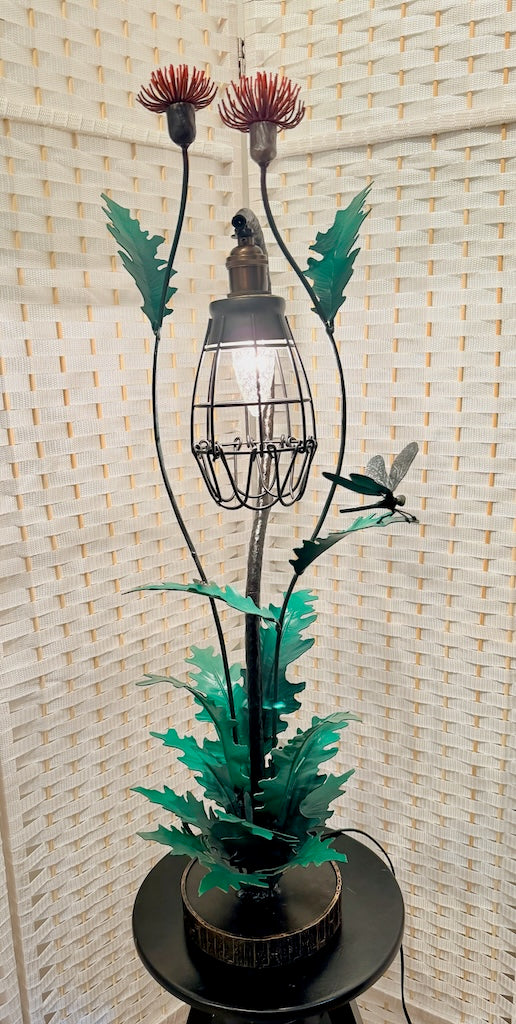 RED THISTLE FIELD STUDY HAND FORGED METAL LAMP WITH BUTTERFLY
