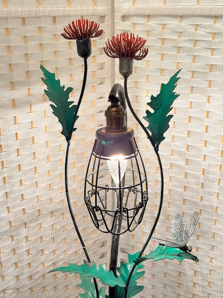 RED THISTLE FIELD STUDY HAND FORGED METAL LAMP WITH BUTTERFLY