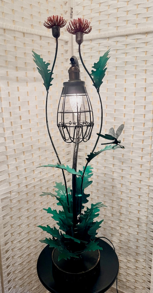 RED THISTLE FIELD STUDY HAND FORGED METAL LAMP WITH BUTTERFLY