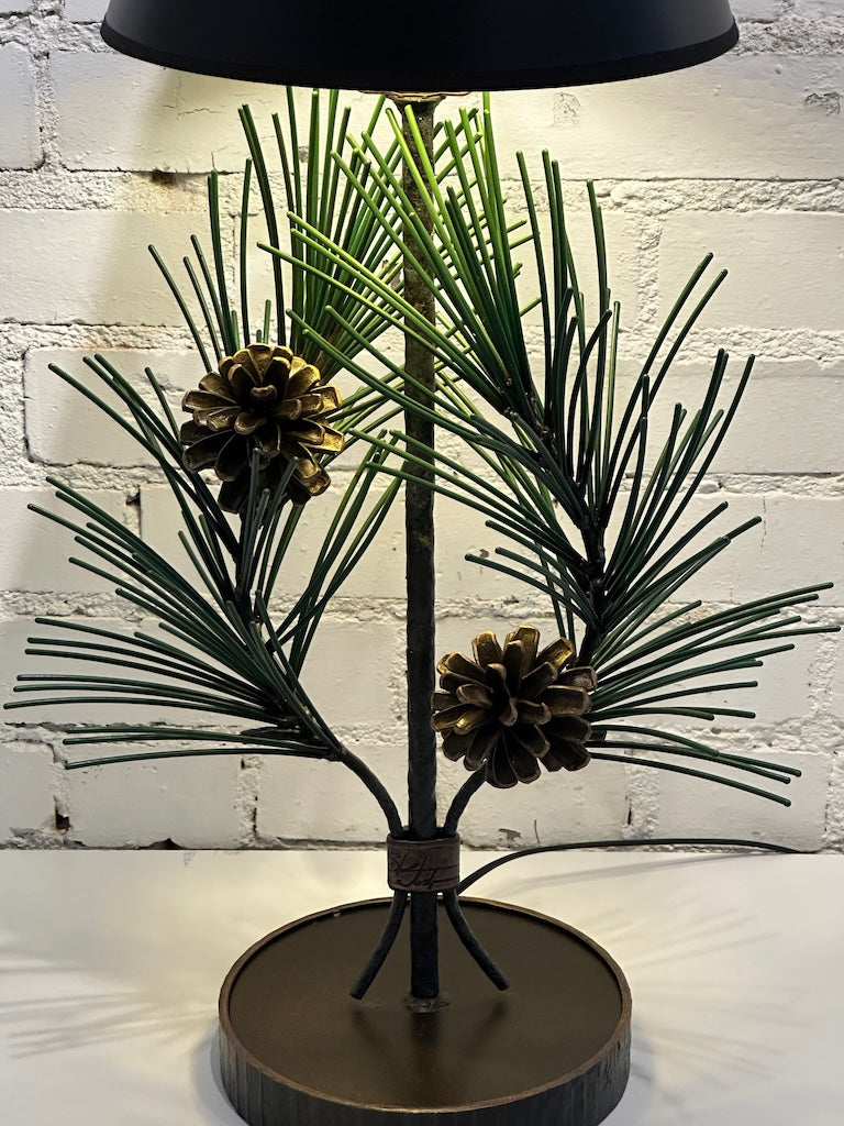 GREEN PINE NEEDLE AND PINE CONE  HAND FORGED METAL LAMP