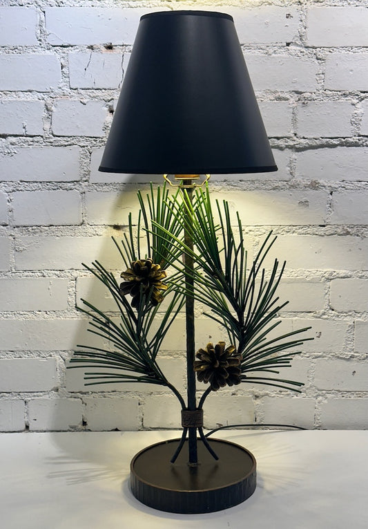 GREEN PINE NEEDLE AND PINE CONE  HAND FORGED METAL LAMP