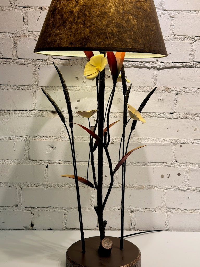 SMALL YELLOW BLOOM AND RED LEAF LAMP HAND FORGED METAL LAMP
