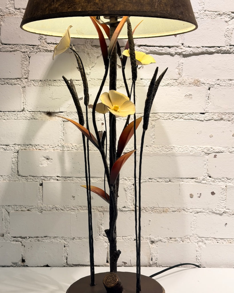 SMALL YELLOW BLOOM AND RED LEAF LAMP HAND FORGED METAL LAMP