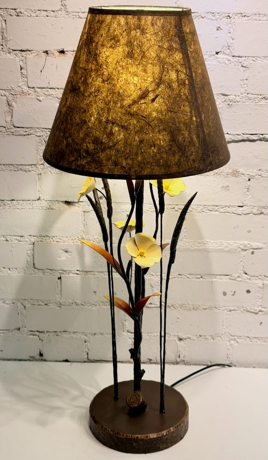 SMALL YELLOW BLOOM AND RED LEAF LAMP HAND FORGED METAL LAMP