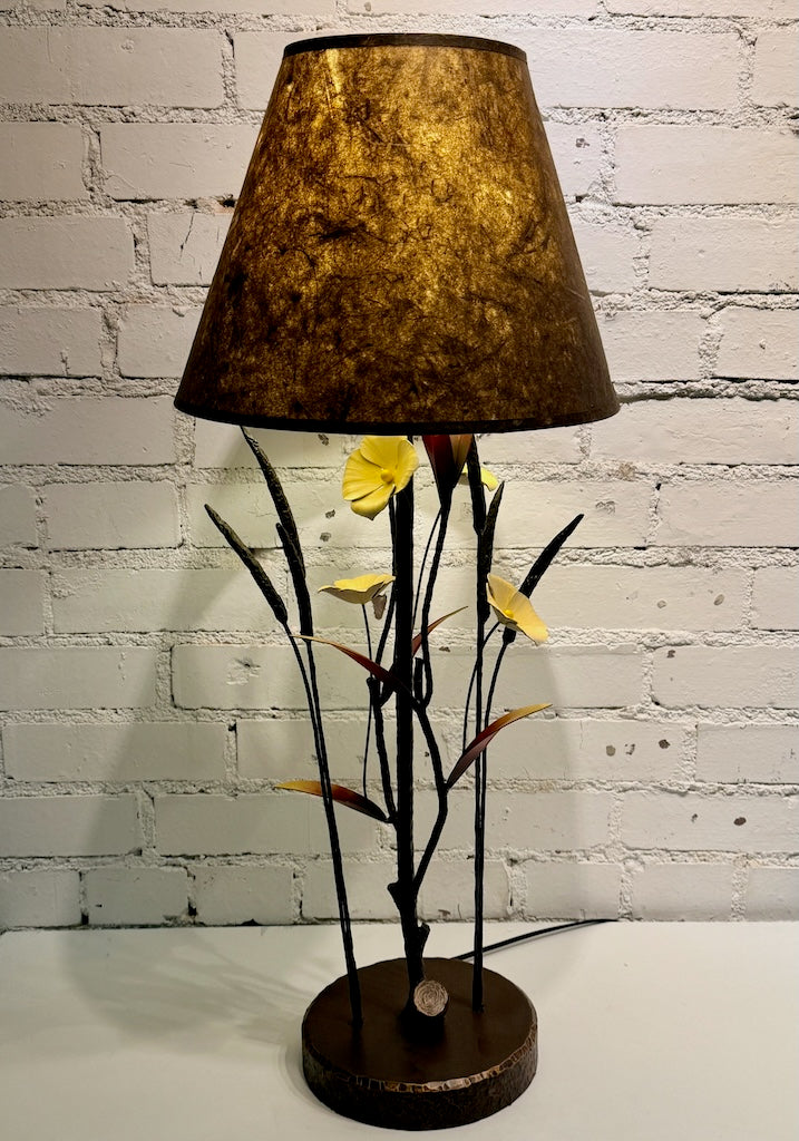 SMALL YELLOW BLOOM AND RED LEAF LAMP HAND FORGED METAL LAMP