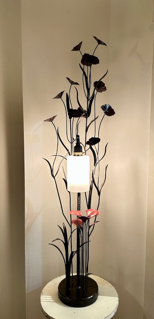 TALL DEEP RED FIELD STUDY LAMP WITH FROSTED DROP SHADE