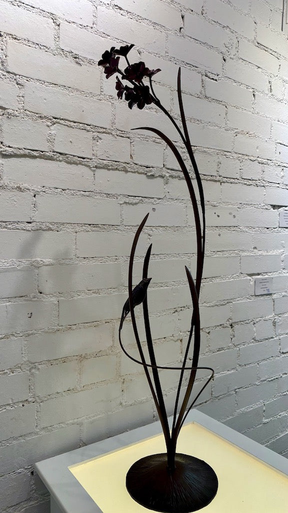 FIELD STUDY WITH BURGUNDY FLOWER AND BLACK WREN Hand Forged Metal Sculpture