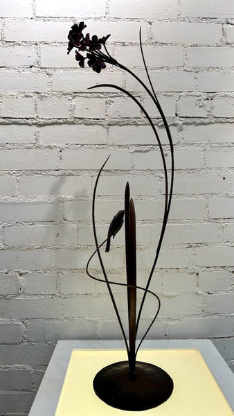 FIELD STUDY WITH BURGUNDY FLOWER AND BLACK WREN Hand Forged Metal Sculpture