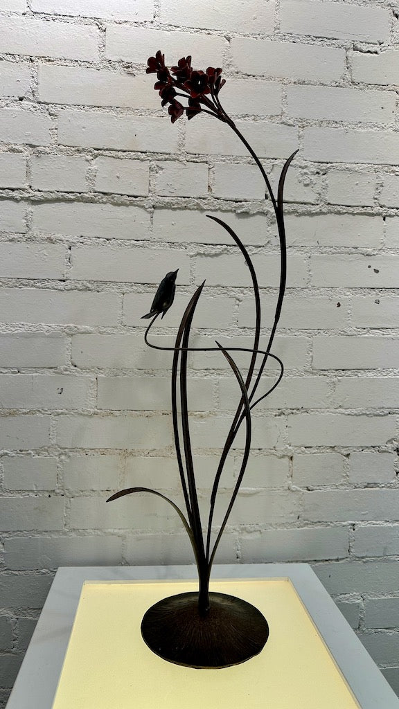 FIELD STUDY WITH DEEP RED FLOWER AND BLACK WREN Hand Forged Metal Sculpture