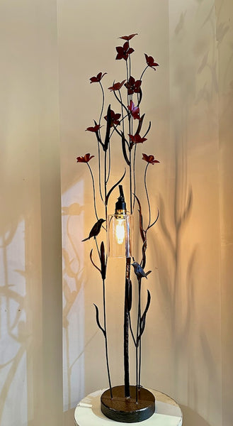 TALL RED FIELD STUDY LAMP WITH CLEAR DROP SHADE