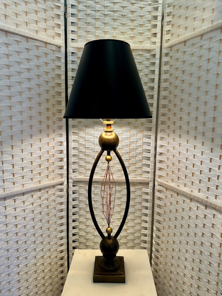 TESLA INSPIRED HAND FORGED METAL TABLE LAMP WITH BLACK SHADE