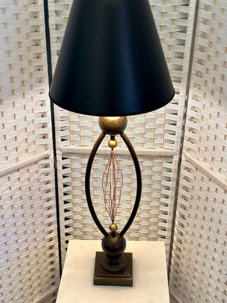 TESLA INSPIRED HAND FORGED METAL TABLE LAMP WITH BLACK SHADE