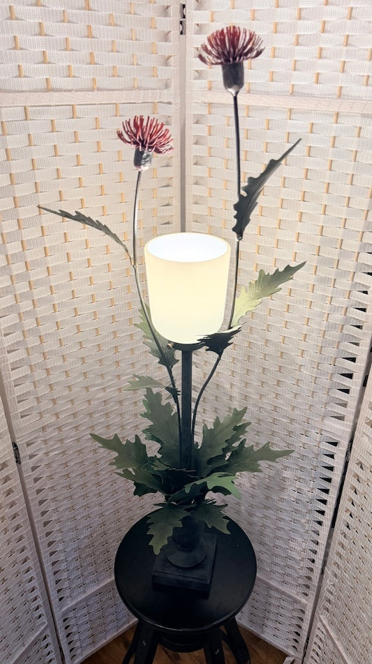 THISTLE FIELD STUDY HAND FORGED METAL LAMP WITH FROSTED SHADE