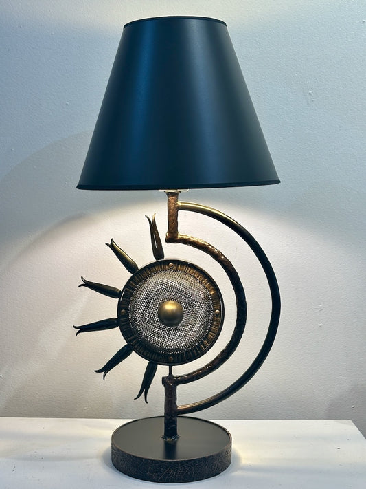 WHEEL AND SQUASH BLOSSOM CONTEMPORARY HAND FORGED METAL LAMP