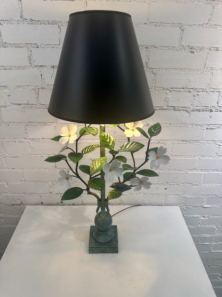 WHITE DOGWOOD HAND FORGED LAMP WITH BLACK SHADE