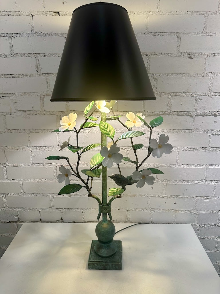 WHITE DOGWOOD HAND FORGED LAMP WITH BLACK SHADE