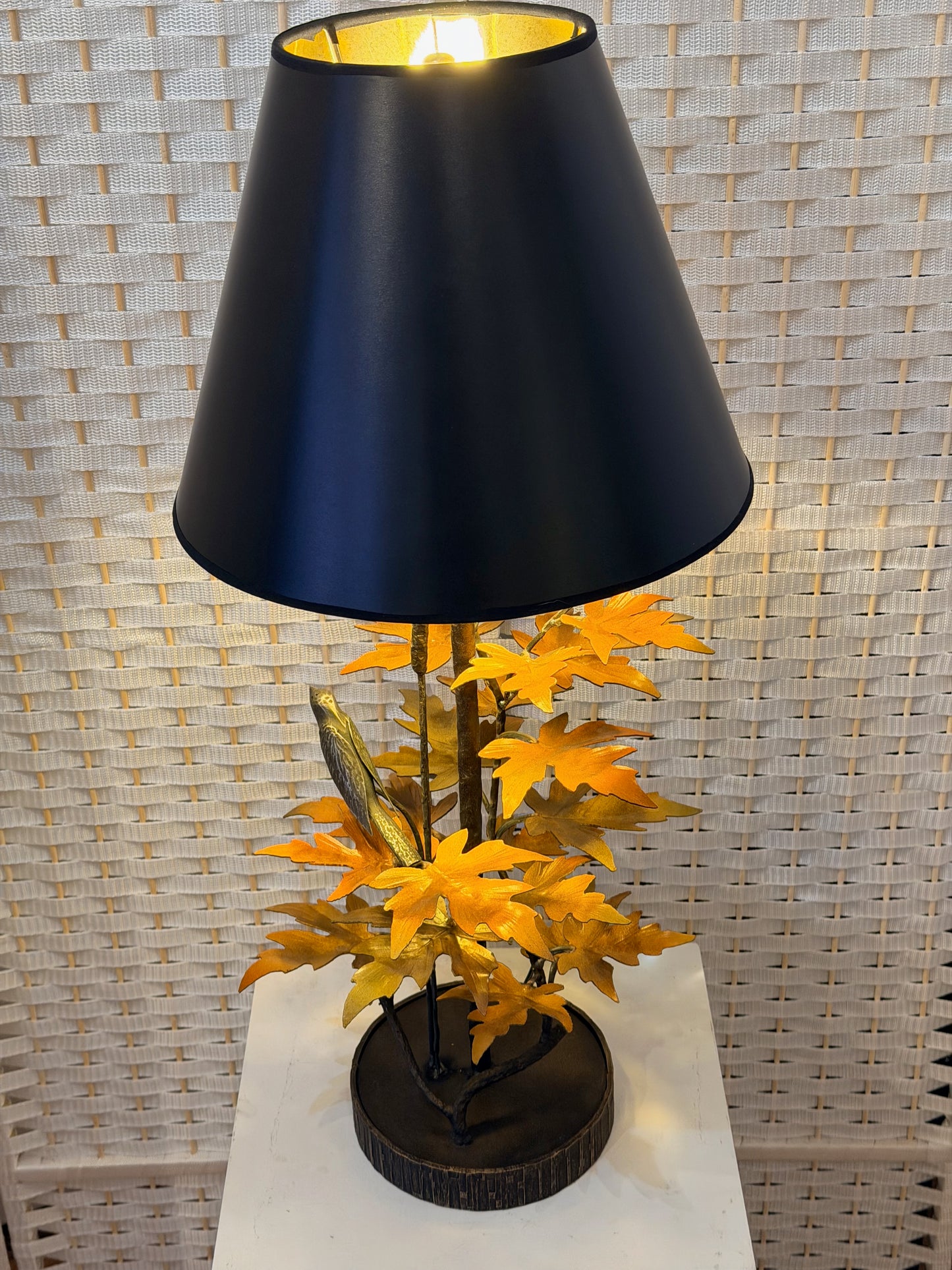 YELLOW/ORANGE MAPLE LEAF WITH 2 BIRDS HAND FORGED METAL LAMP WITH BLACK SHADE