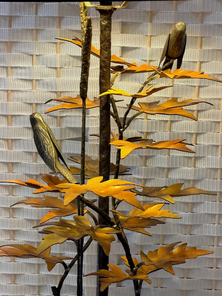 YELLOW/ORANGE MAPLE LEAF WITH 2 BIRDS HAND FORGED METAL LAMP WITH BLACK SHADE