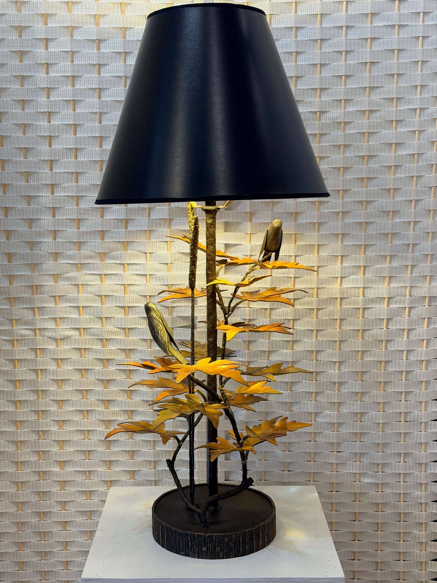 YELLOW/ORANGE MAPLE LEAF WITH 2 BIRDS HAND FORGED METAL LAMP WITH BLACK SHADE