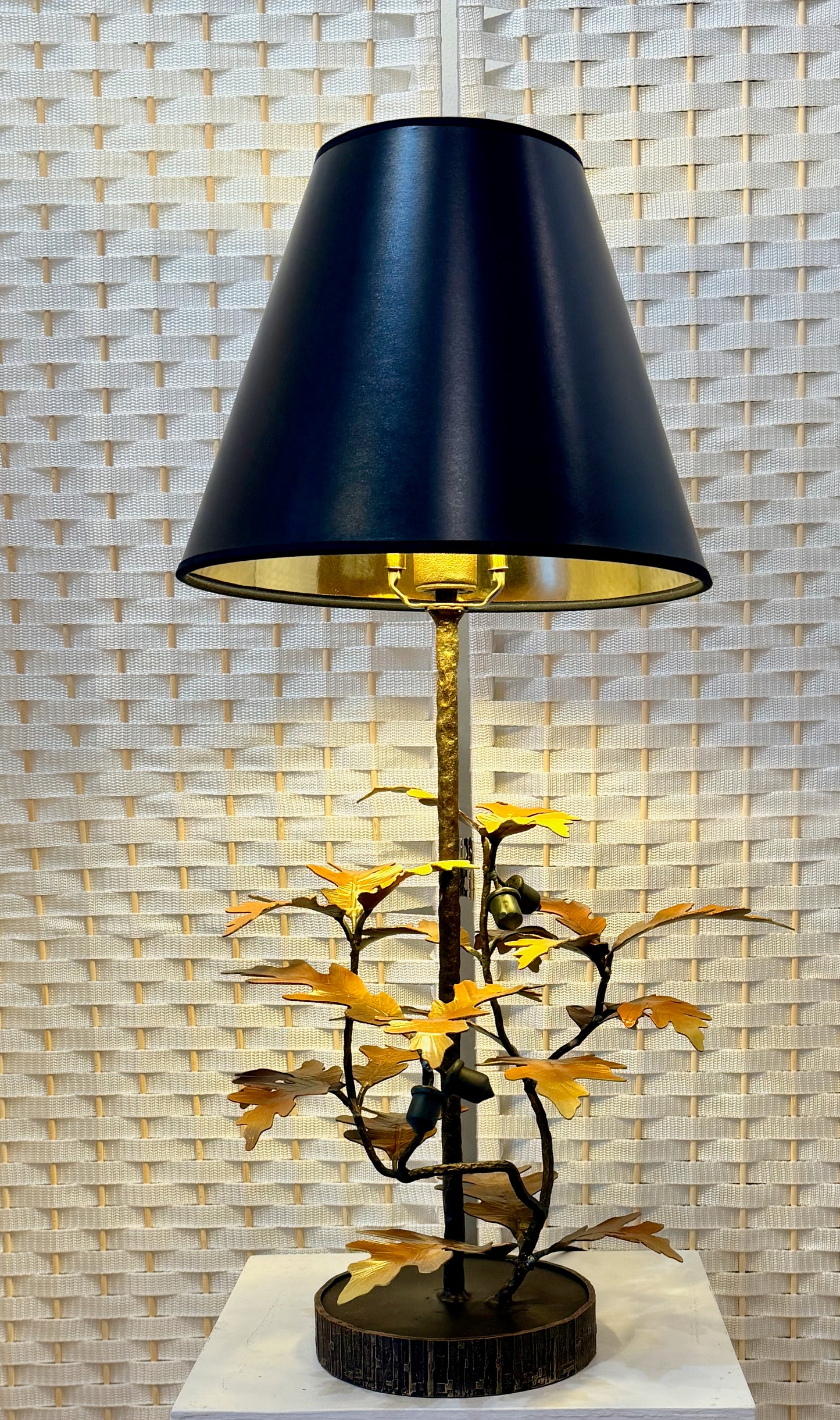 YELLOW/ORANGE MAPLE LEAF WITH 2 BIRDS HAND FORGED METAL LAMP WITH BLACK SHADE