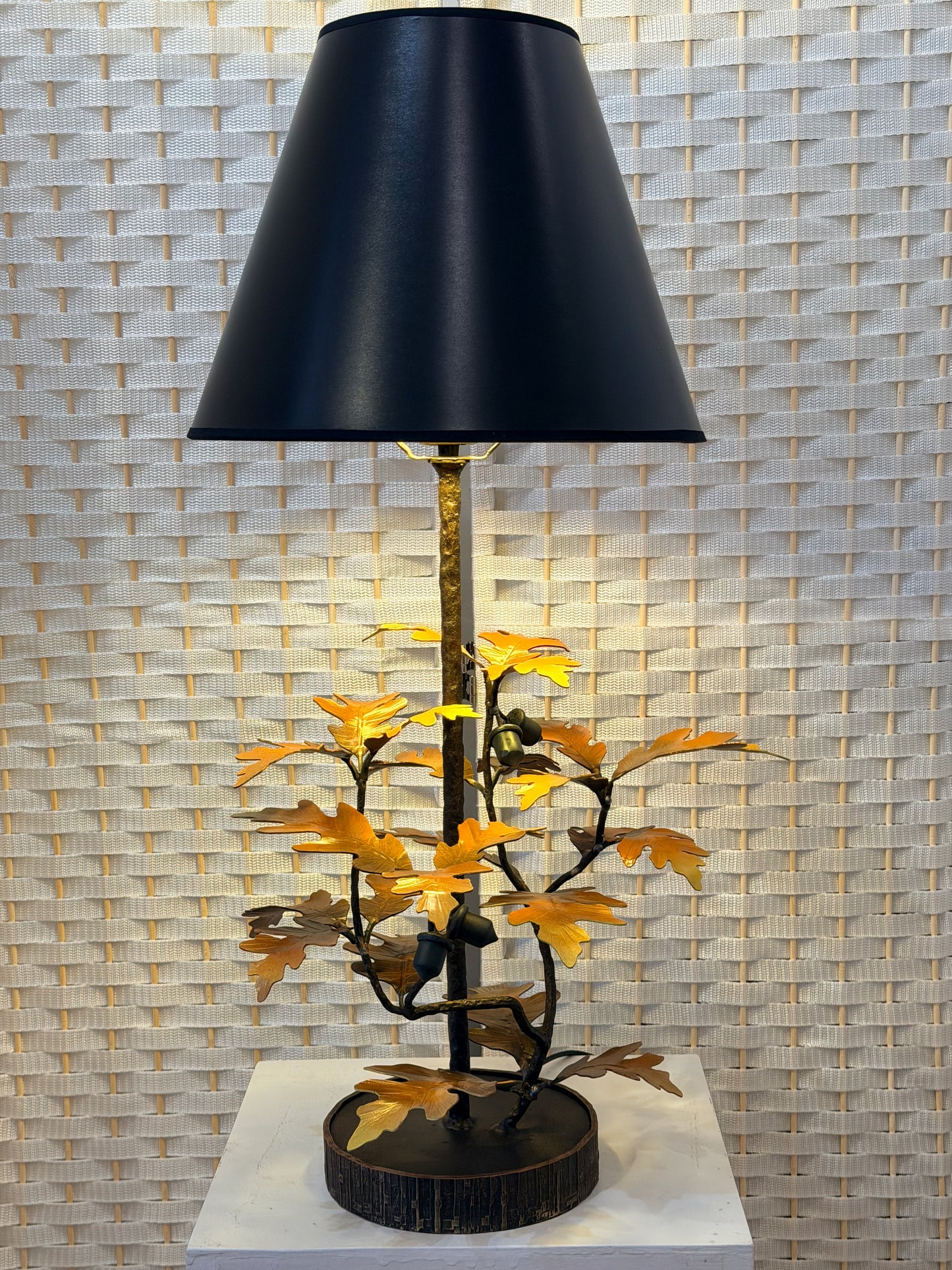 YELLOW/ORANGE OAK LEAF WITH ACORNS HAND FORGED METAL LAMP WITH BLACK SHADE