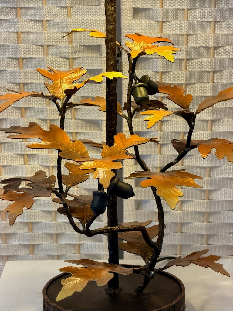 YELLOW/ORANGE OAK LEAF WITH ACORNS HAND FORGED METAL LAMP WITH BLACK SHADE