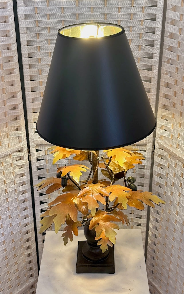 YELLOW OAK LEAF WITH ACORNS HAND FORGED METAL LAMP WITH BLACK SHADE