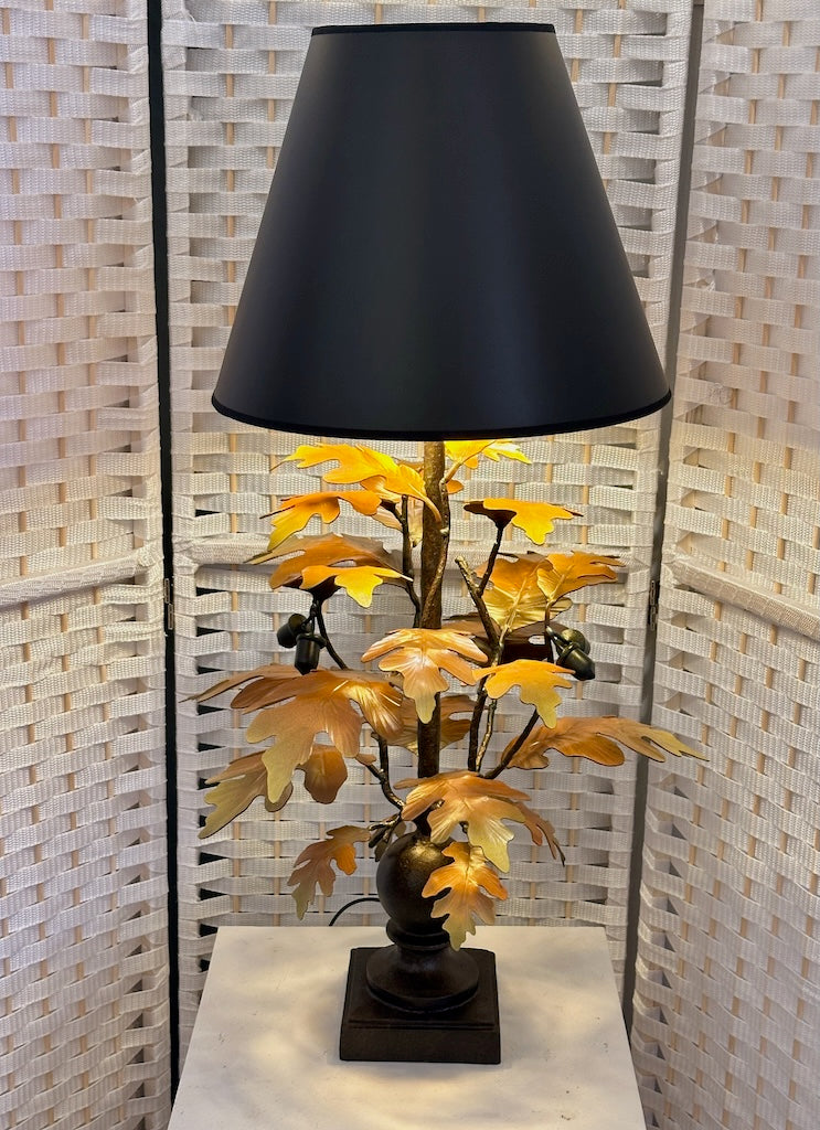 YELLOW OAK LEAF WITH ACORNS HAND FORGED METAL LAMP WITH BLACK SHADE
