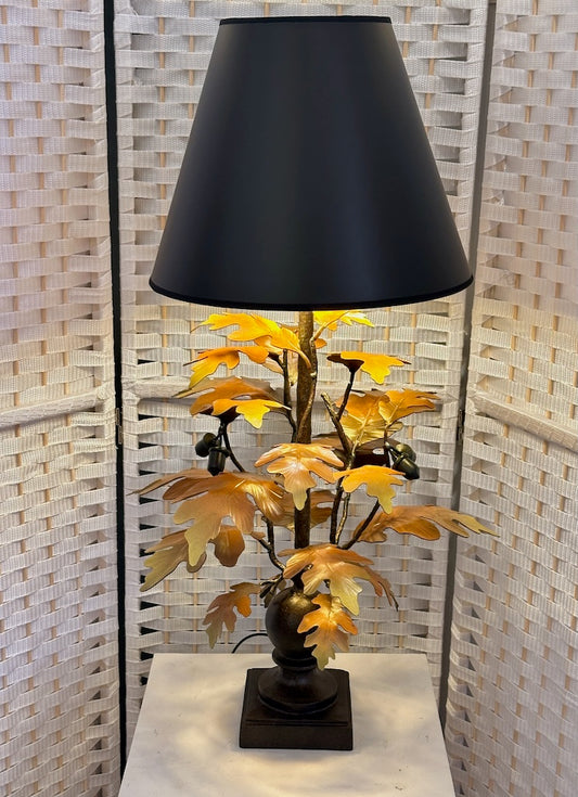 YELLOW OAK LEAF WITH ACORNS HAND FORGED METAL LAMP WITH BLACK SHADE