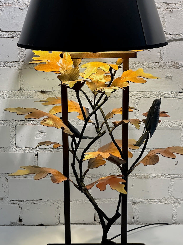 YELLOW OAK LEAF AND DARK WREN HAND FORGED METAL LAMP