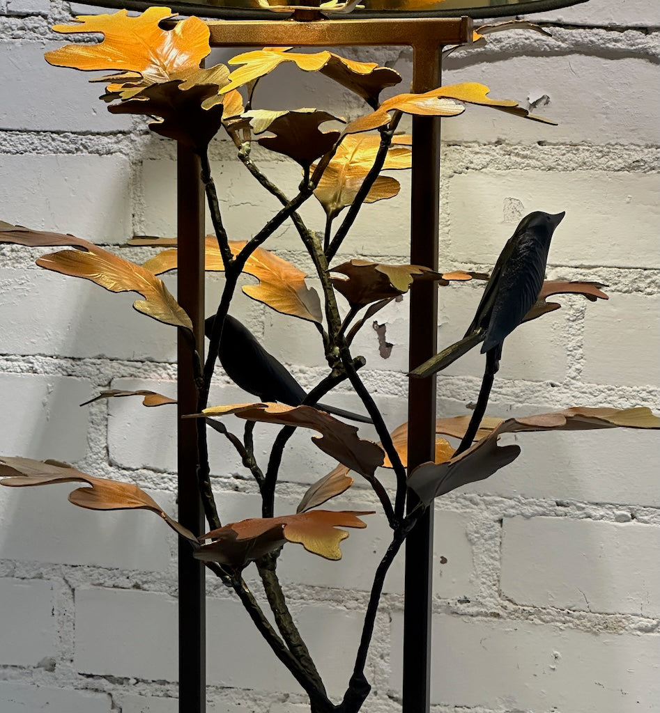 YELLOW OAK LEAF AND DARK WREN HAND FORGED METAL LAMP