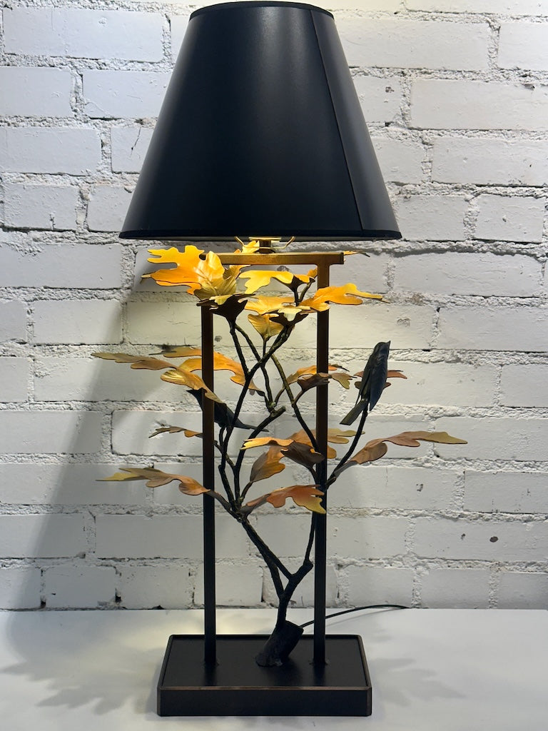 YELLOW OAK LEAF AND DARK WREN HAND FORGED METAL LAMP