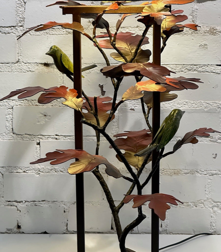 RED OAK LEAF AND YELLOW WREN HAND FORGED METAL LAMP