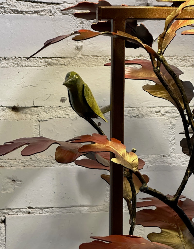RED OAK LEAF AND YELLOW WREN HAND FORGED METAL LAMP