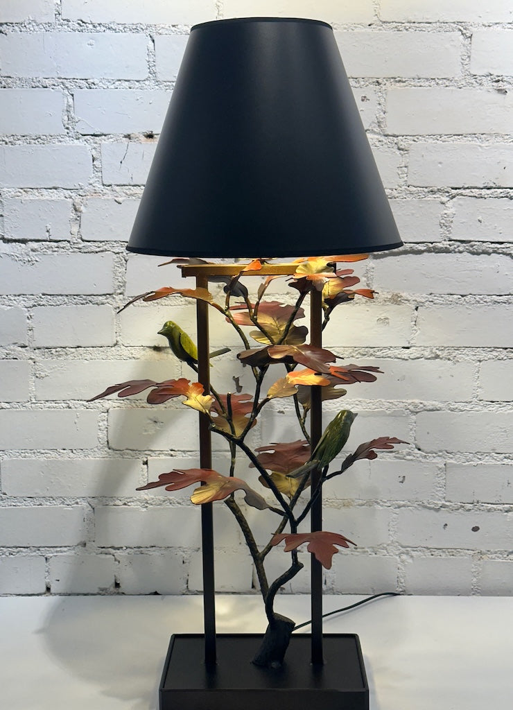 RED OAK LEAF AND YELLOW WREN HAND FORGED METAL LAMP