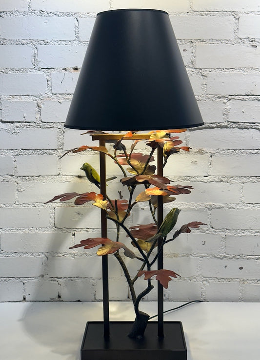 RED OAK LEAF AND YELLOW WREN HAND FORGED METAL LAMP