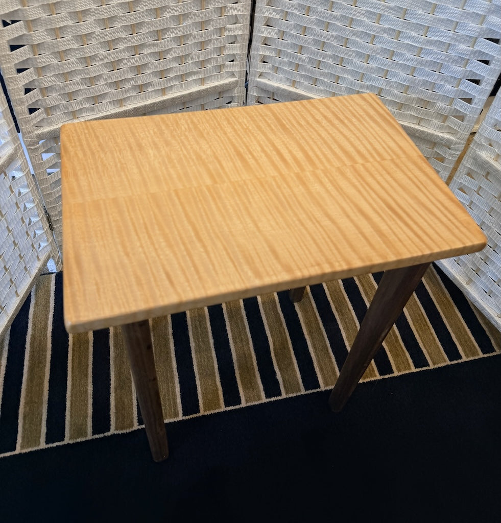 SMALL CURLY MAPLE TABLE WITH WALNUT LEGS