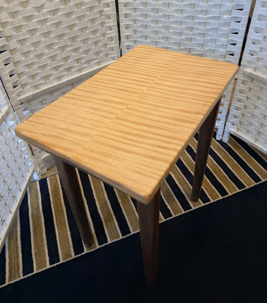 SMALL CURLY MAPLE TABLE WITH WALNUT LEGS