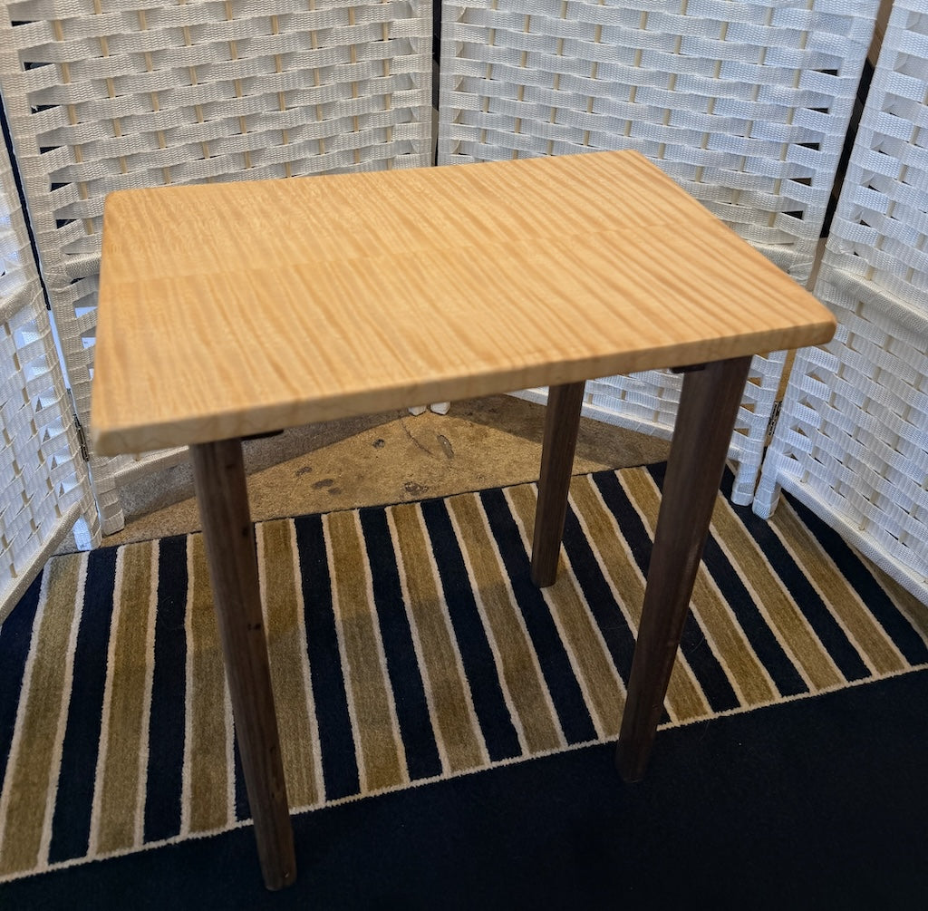 SMALL CURLY MAPLE TABLE WITH WALNUT LEGS