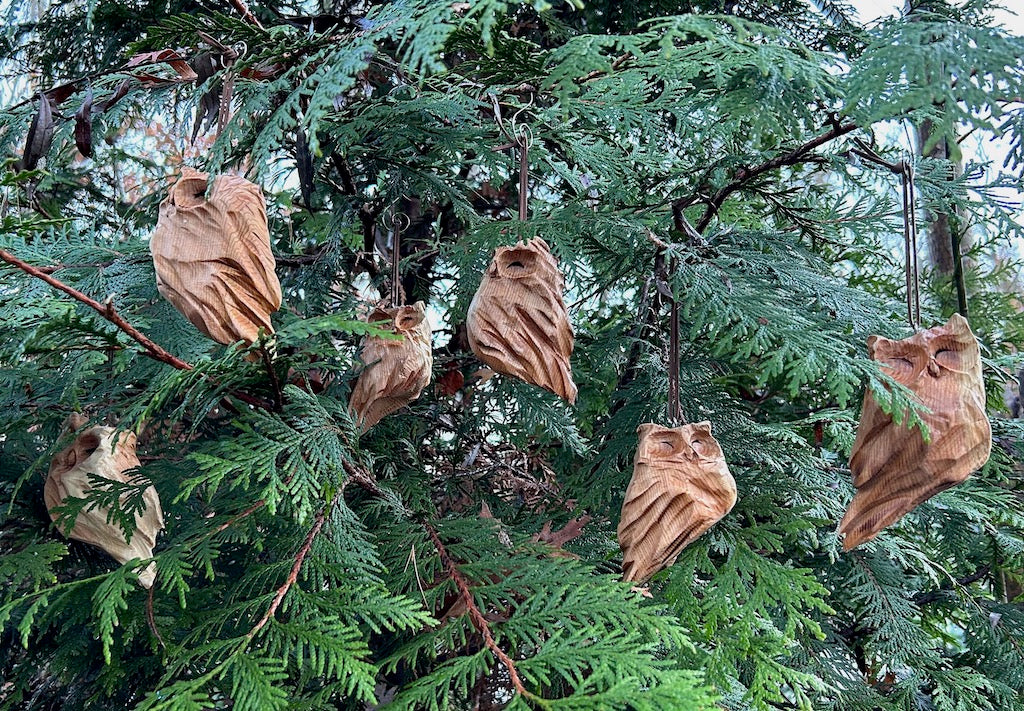 OWL HAND CARVED WOOD SCULPTURE ORNAMENTS