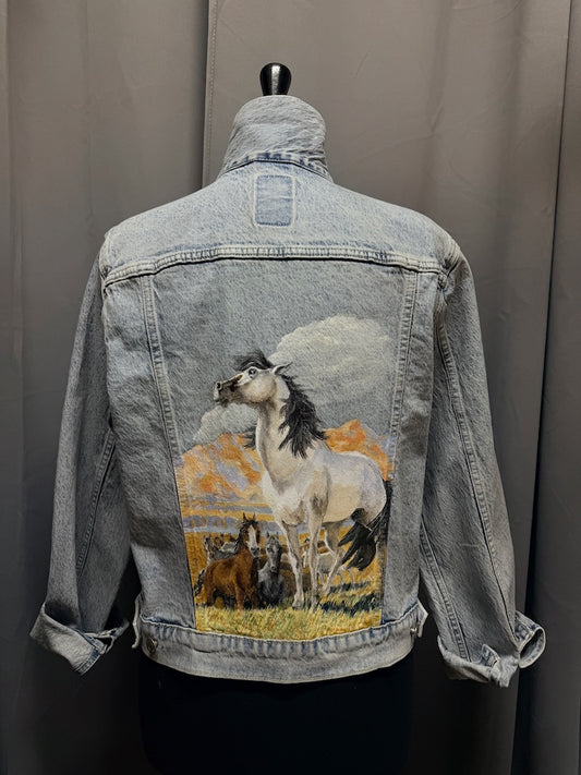 "SMOKY FACE - NC WYETH 1921" HAND PAINTED LINEN BLAZER WITH VINTAGE EMBROIDERY PATCH LM56